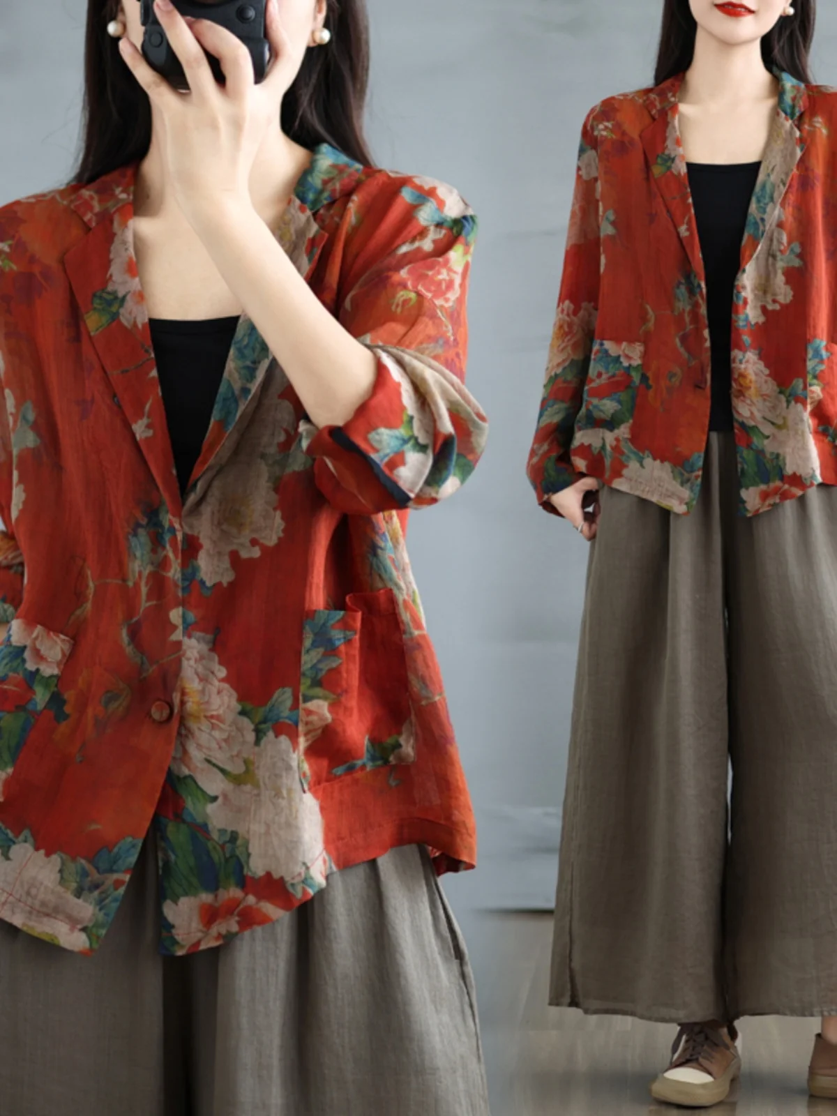 Retro Cotton Linen Printed Short Suit Jacket Women's Spring High End Slimming Sun Protection Long Sleeve Open Cardigan Top