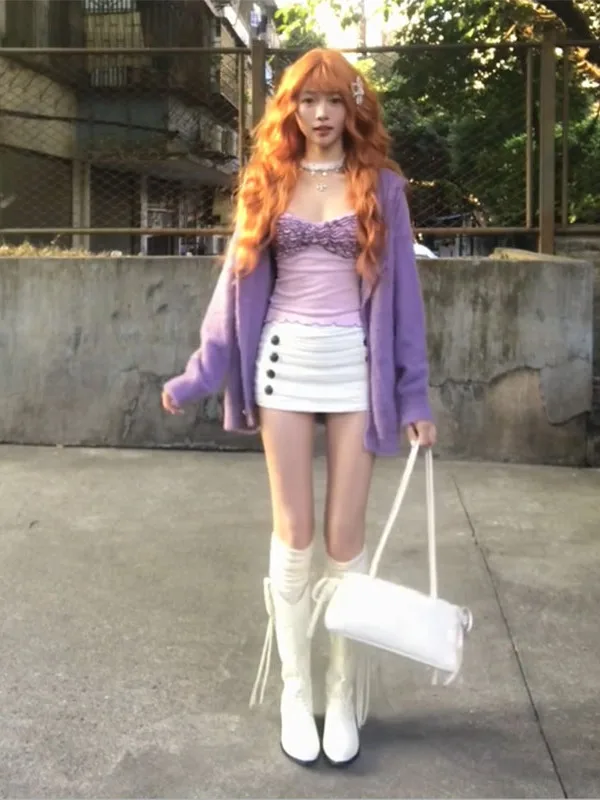 

American Retro Hot Girl Double Button Denim orts Women's Autumn Winter Low Waist Casual Versatile White Skort