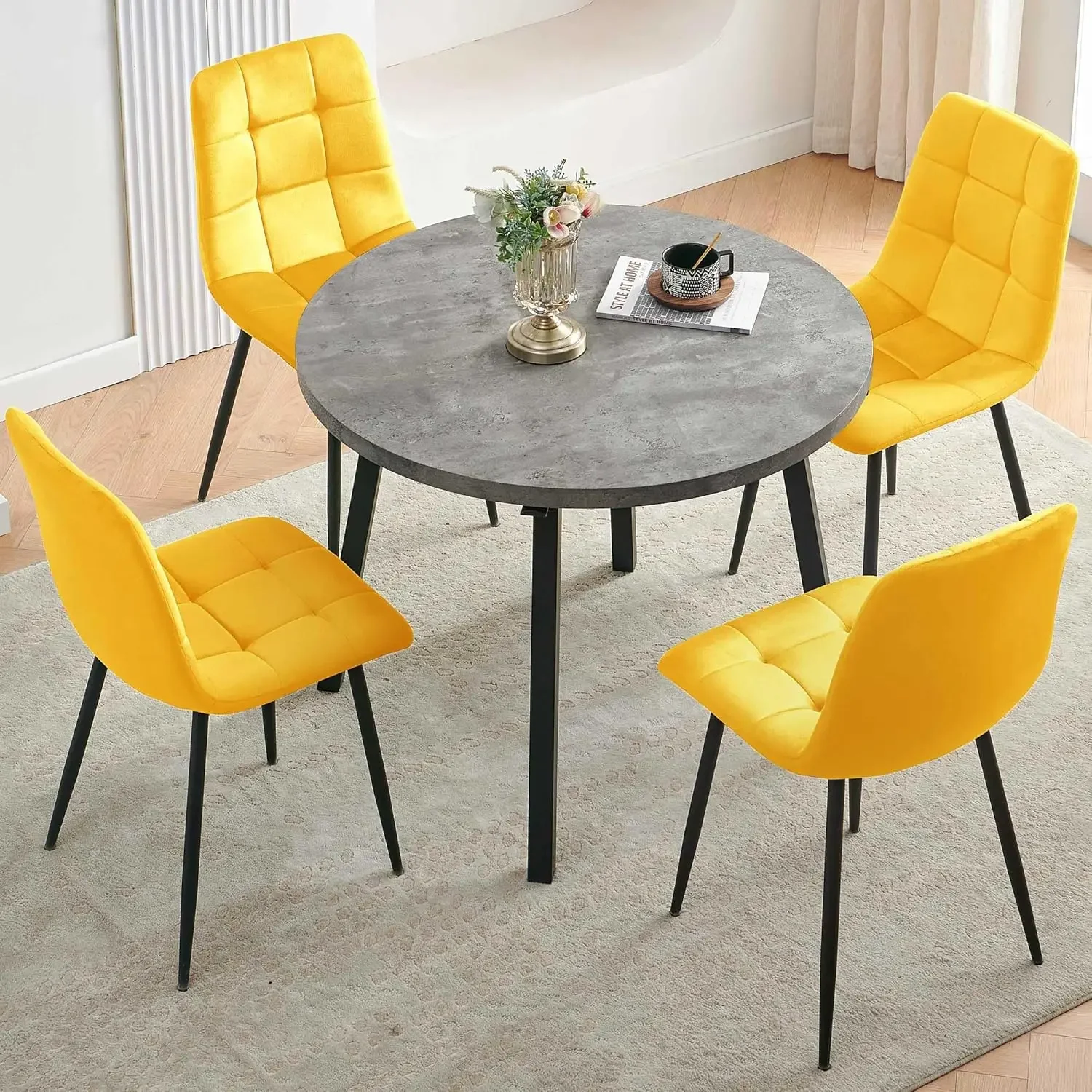 Kitchen Table Set and 4 Chairs, Grey Faux Wood Table with Hooks for Hanging, Upholstered Dining Chair