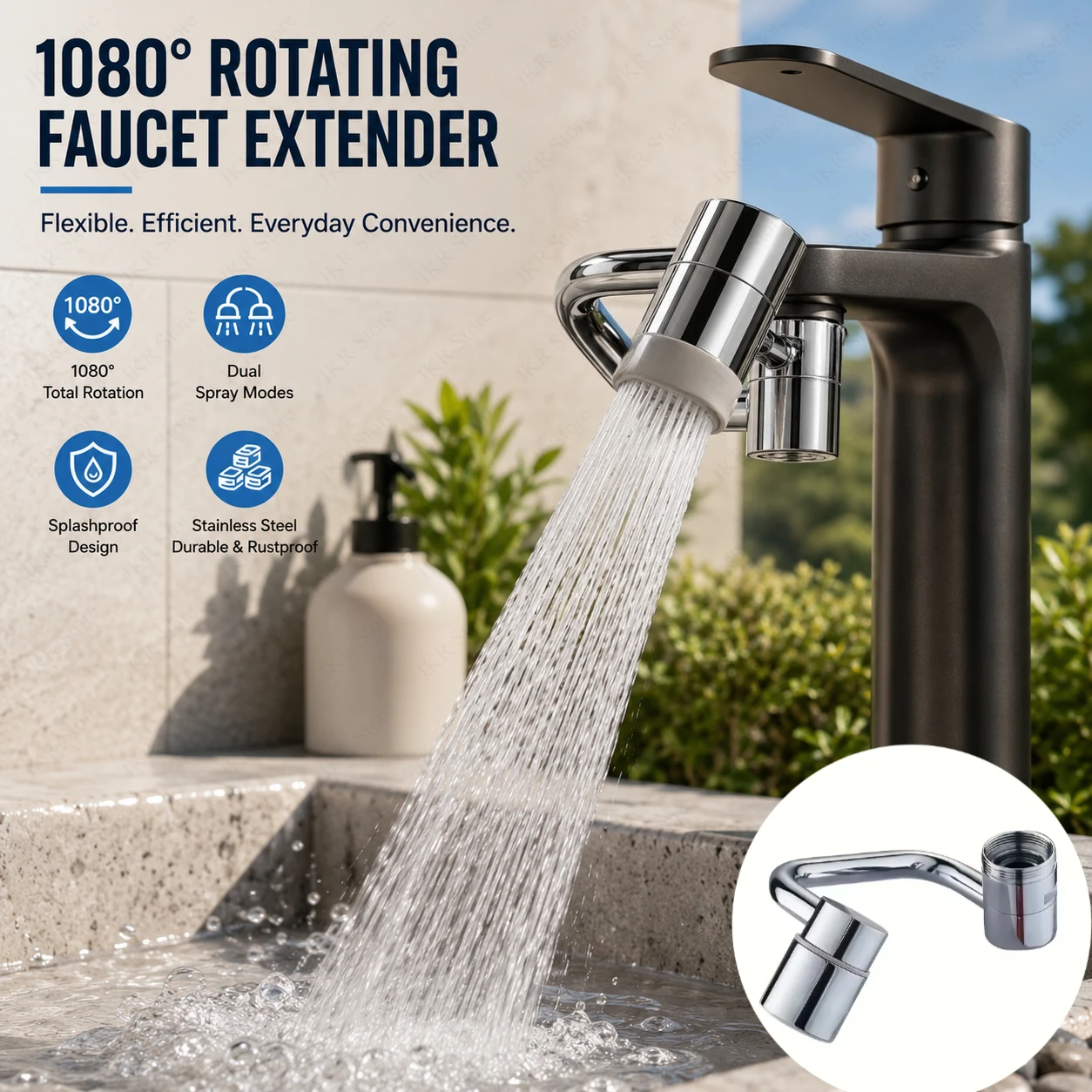 

Stainless Steel Faucet Extender 1080 Degree Swivel Dual Spray Splashproof Adapter for Bathroom Sink Basin Faucet Accessory