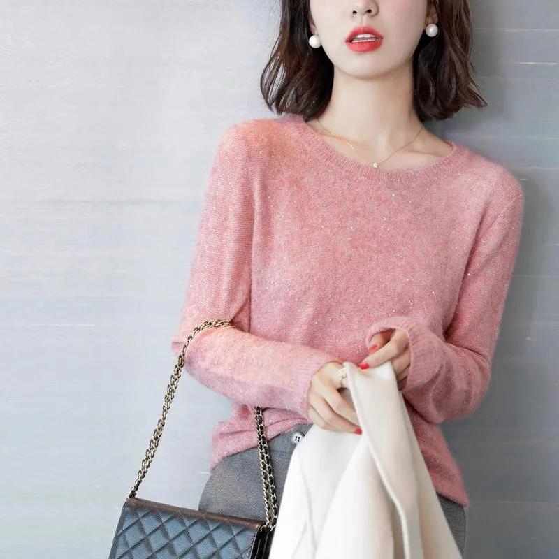 Sequin Pink Sweaters Women Knitted O-neck Pullovers Casual Solid Color Knit Tops Korean Fashion Versatile Bottoming Jumpers