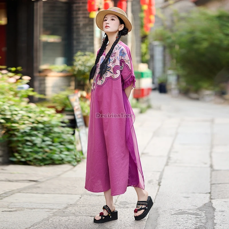 2024 new women improved national style chinese dress plus-size loose embroidered ramie cotton chiffon fashion chinese dress t001