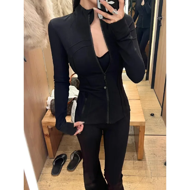 

2026 Women Defines Jacket Gym Autumn Winter Outerwear Nylon Stretch Zipper Running Yoga Jogging Long-sleeved Top Fleece Jacket