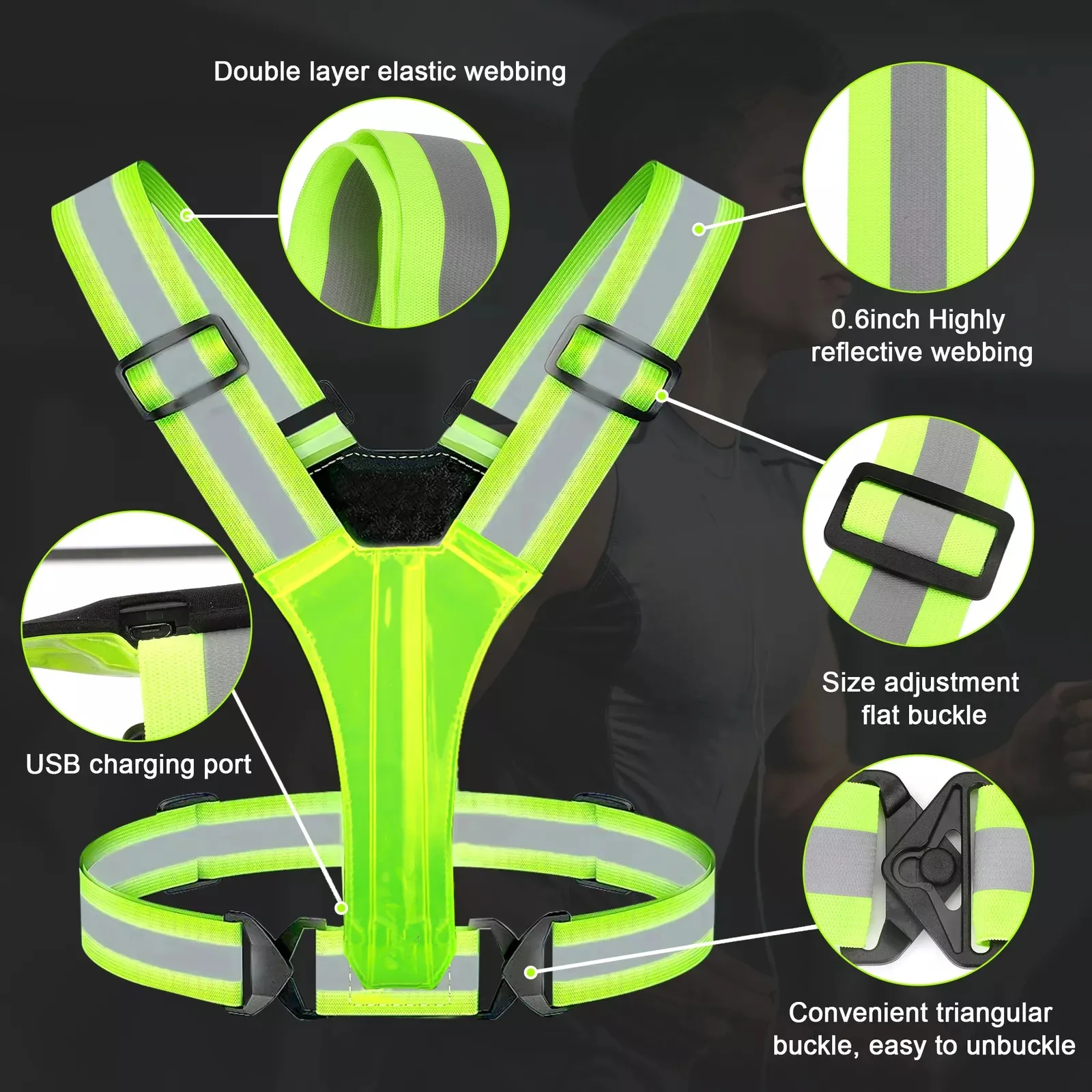 USB Rechargeable LED Reflective Vest Safety Gear Light Up High Visibility Running Vest for Night Walking Cycling Jogging