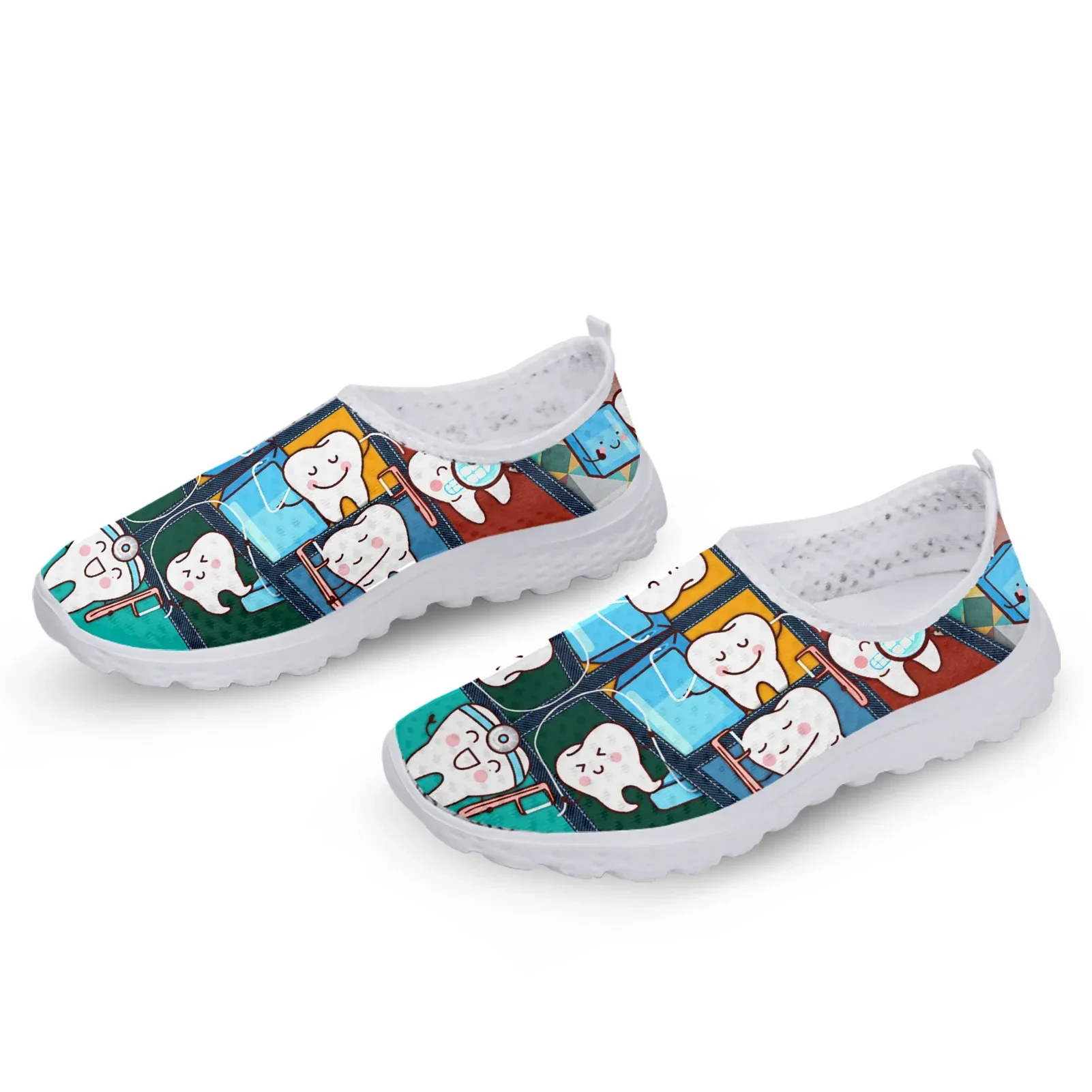 Funny Cartoon Teeth Print Women Summer Mesh Shoes White Soft Sole Brand Slip On Casual Sneakers Zapatos Planos