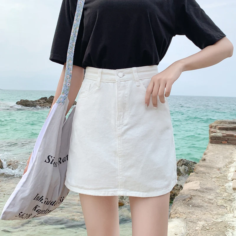 Gonna di jeans a vita alta Gonne a trapezio svasate bianche estive da donna Gonne di jeans di cotone alla moda Gonne aderenti