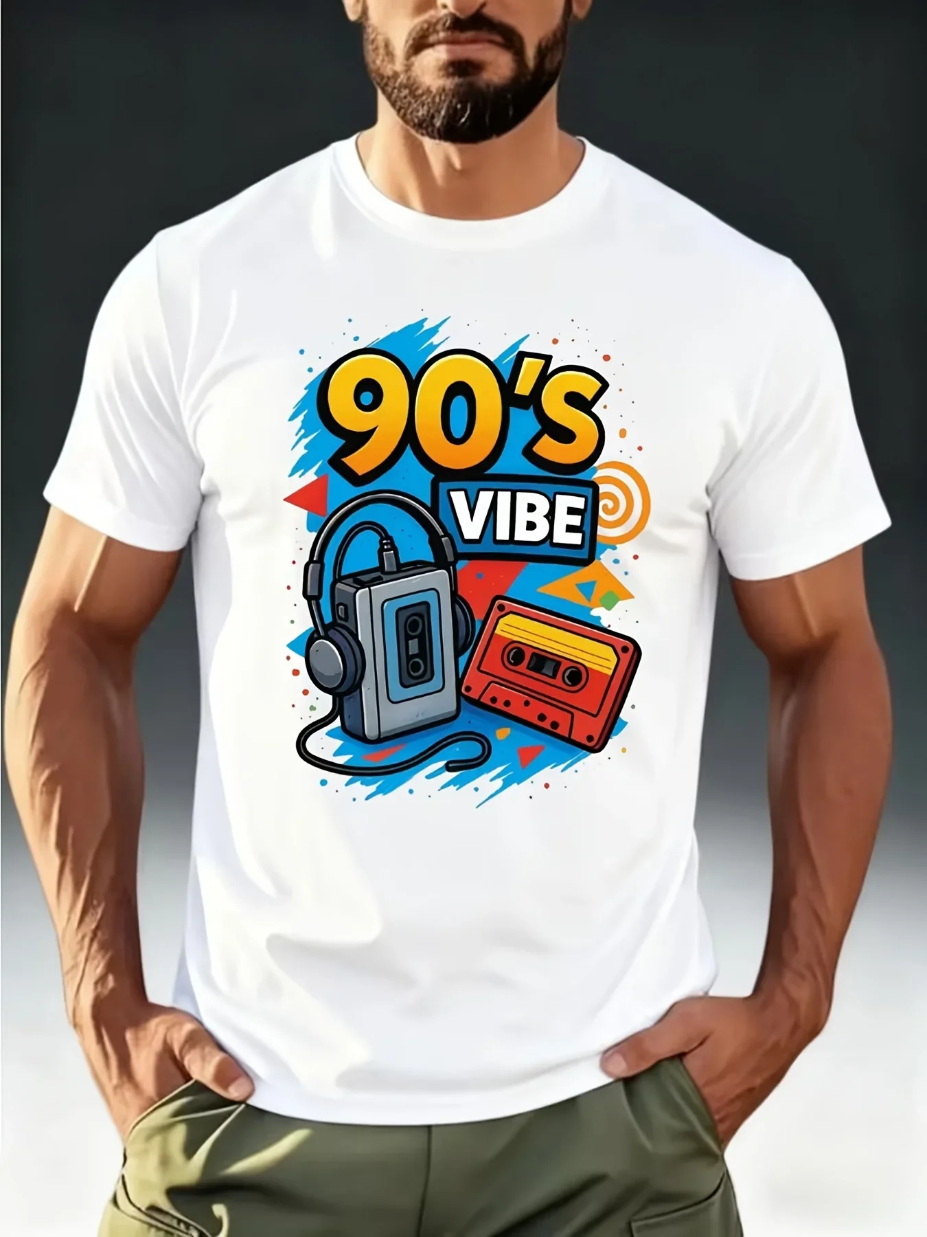 Men Retro 90's Vibe Graphic T‑Shirt Vintage Cassette Tape Headphone Print Short Sleeve Tee 90s Nostalgia Music Party Casual Tops