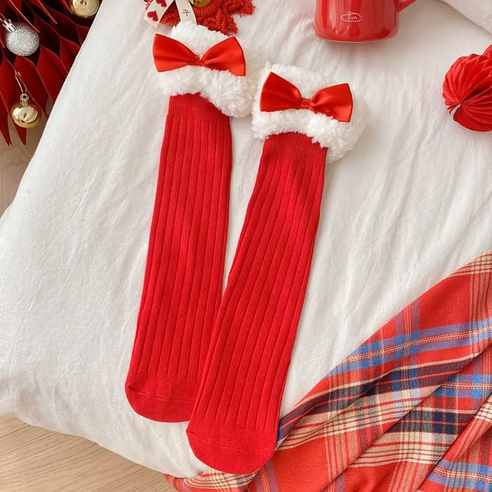 Cute Female Hosiery New Year Red Socks Bow Cotton Children Red Socks Sleeping Socks Floor Socks Middle Tube Socks Autumn
