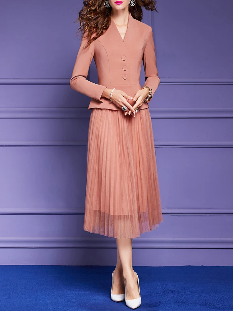 TWOTWINSTYLE Solid Two Piece Sets For Women V Neck Long Sleeve Tops High Waist Folds A Line Skirts Slim Set Female Fashion 2023