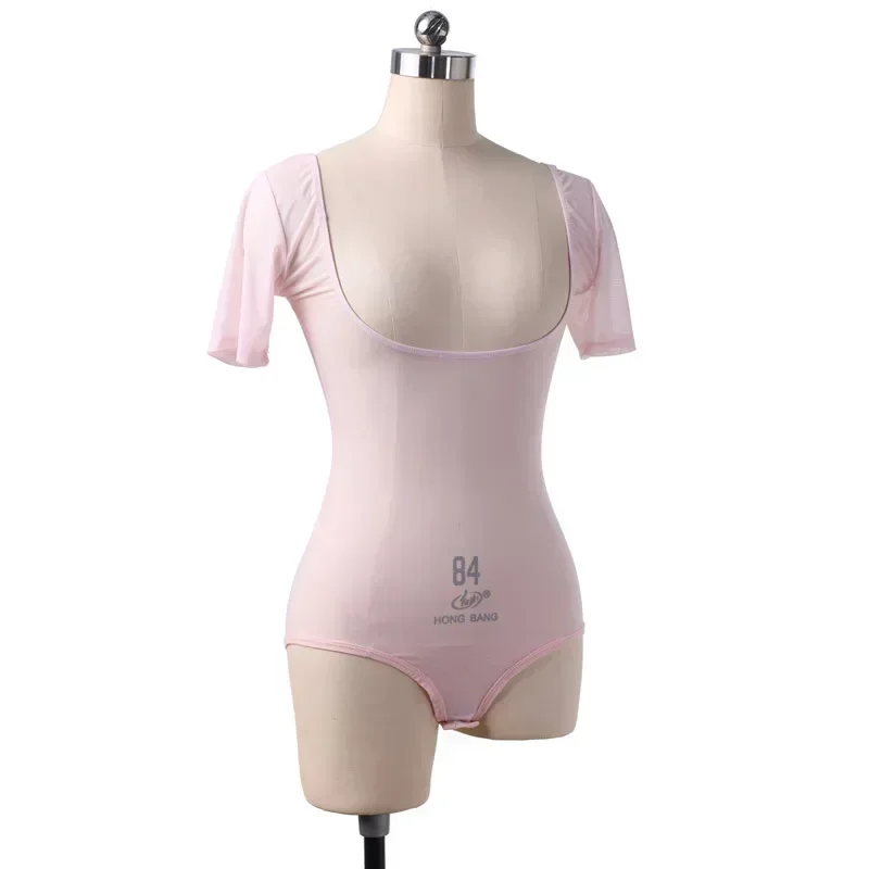 Women Upper Arm Shaper Chest Support Sexy Transparent Top Dancer Basic Wear Short Sleeve Sheer Open Bust  Leotard Jumpsuit Crop