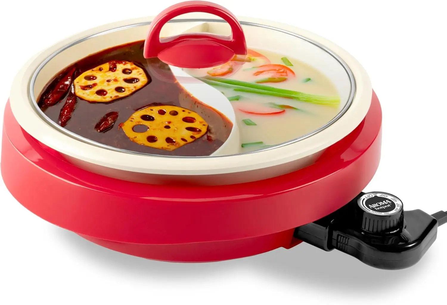 

Electric Shabu Shabu Hot Pot with PFAS-Free Ceramic Coating 2.5 Quart Divided Cooking Surface