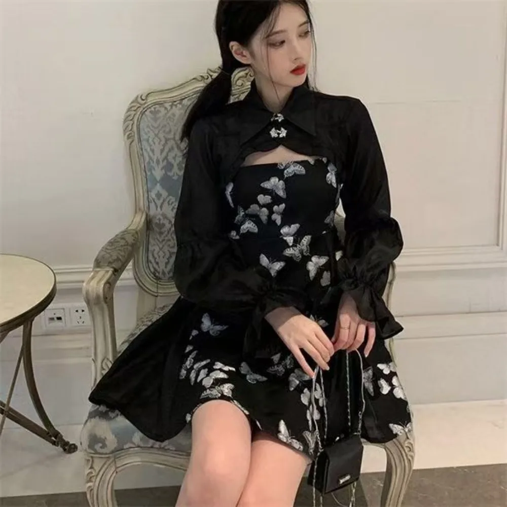 Autumn New Cutecore Clothes Lolita Set Black Butterfly-printing Vintage Female French Style Chic Dress Sets for Women 2 Pieces