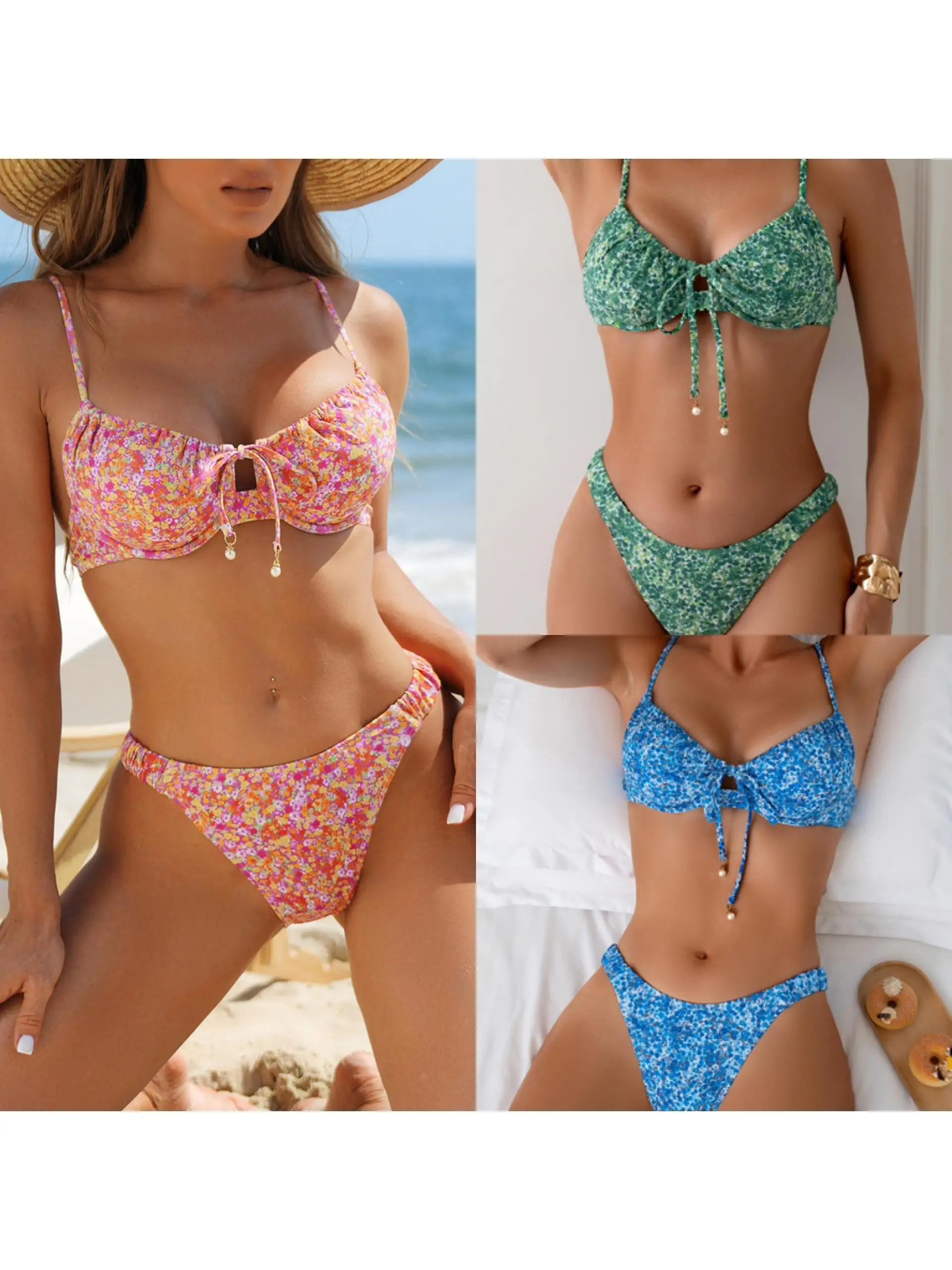 

Женский купальник-бикини с принтом и стальным кольцом, из полиэстера, с чашечками и дизайнерским узором