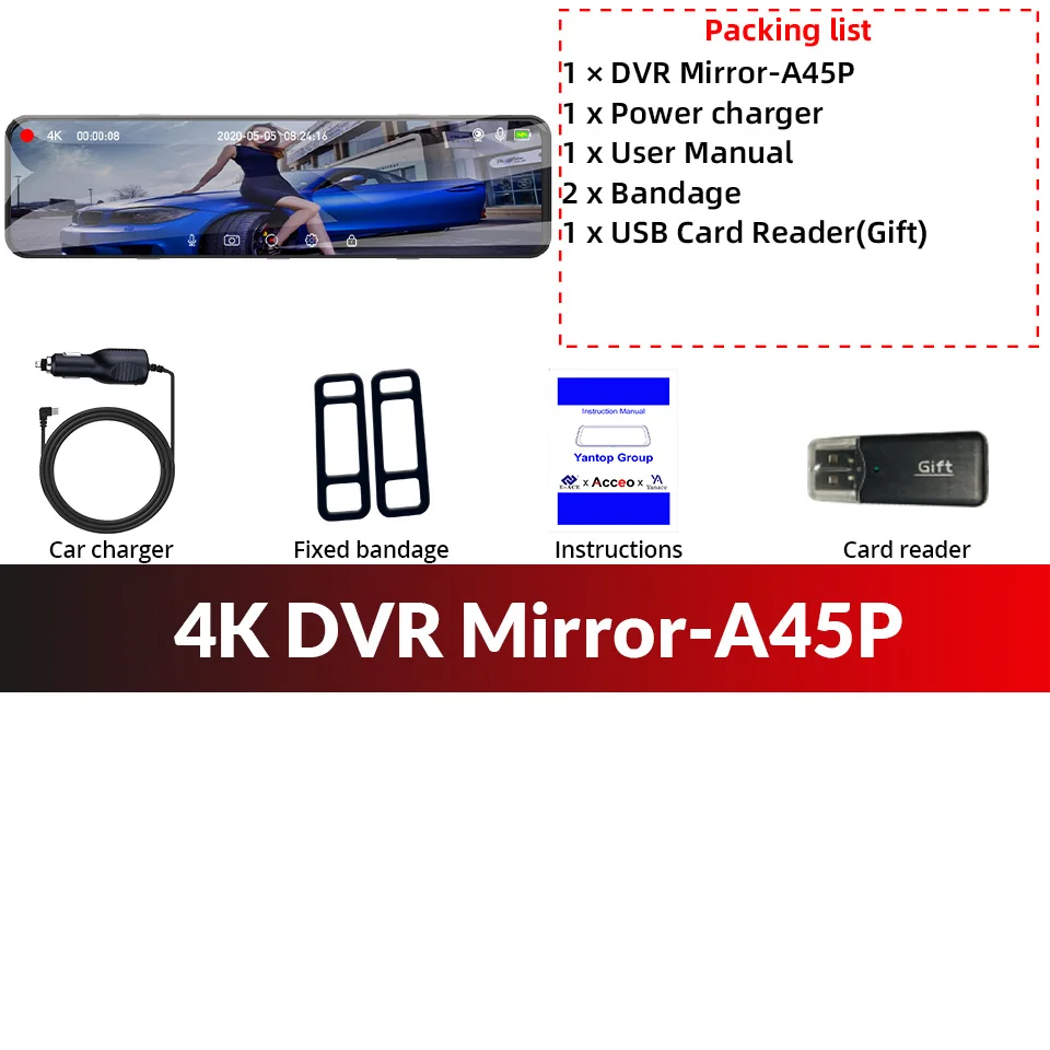 ACCEO 4K WIFI Dashcam 12Inch Auto DVR Achteruitkijkspiegel Recorder Dash Cam Ondersteuning 1080P Sony Black Box Achteruitrijcamera Acesssories