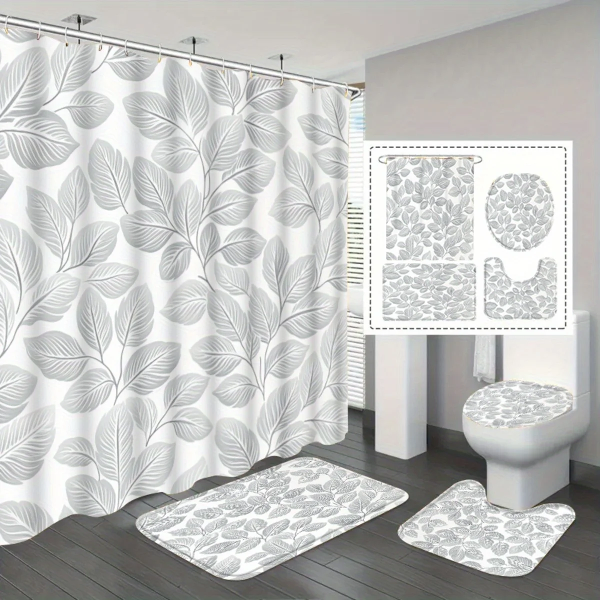 4pc Gray Leaf Bathroom Set - Shower curtain + rug + toilet seat, U-shaped mat, minimalist plant decorations
