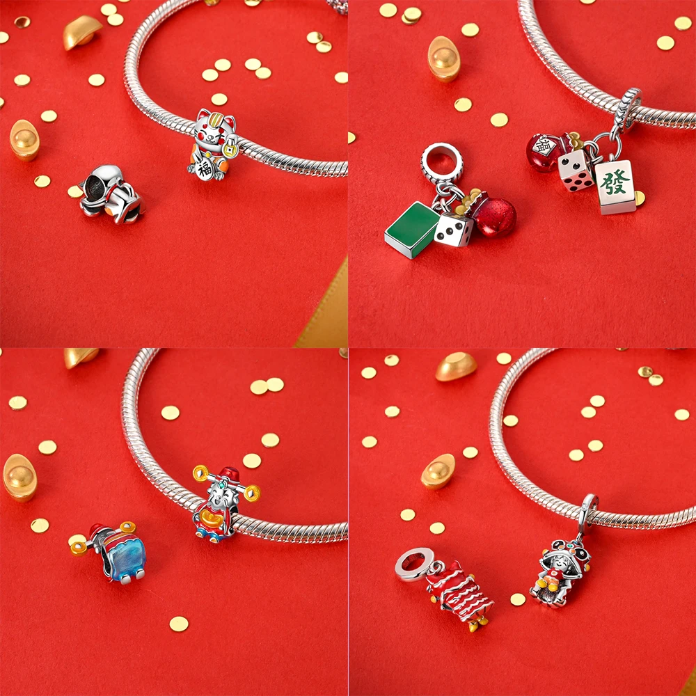 Chinese Lucky Cat Lion Gold Ingot Silver Plated Beads Original Charms Fit Bracelets Bag Keychain Charms Diy Women Gift Accessory