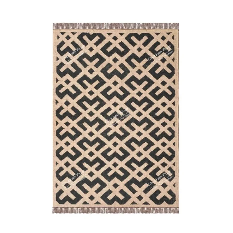 Indian Handwoven Kilim Rug Off White with Black Design Fringes Jute Rug