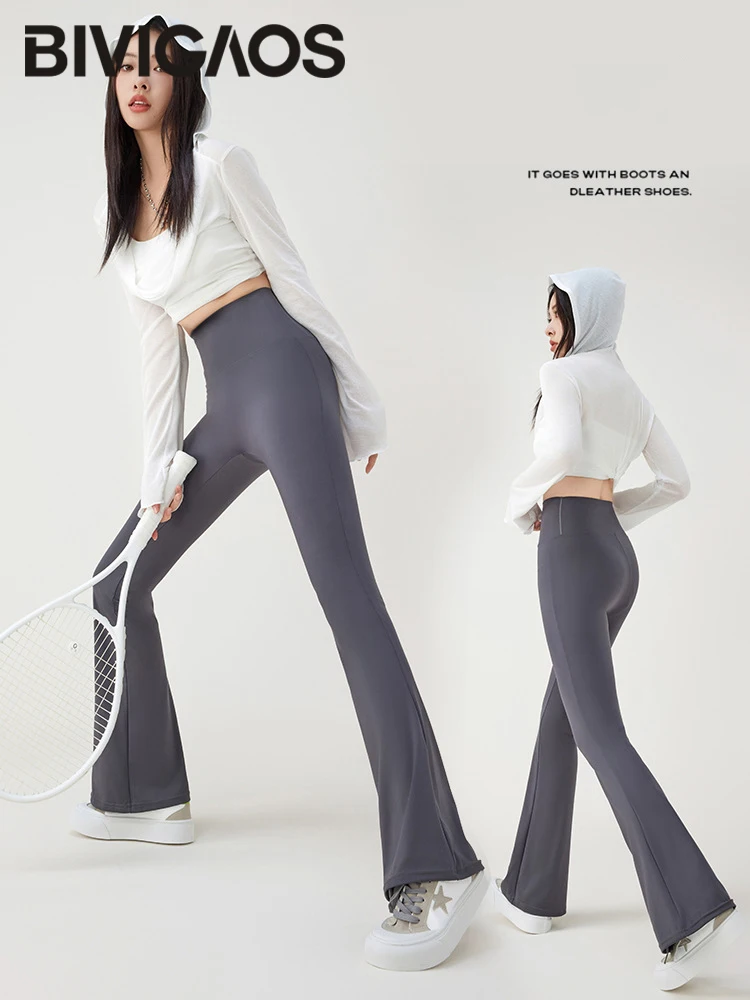 BIVIGAOS Spring Summer Sharkskin Micro Flared Leggings Women High Waist Slim-Fitting Flared Trousers Sexy Casual Legging Pants