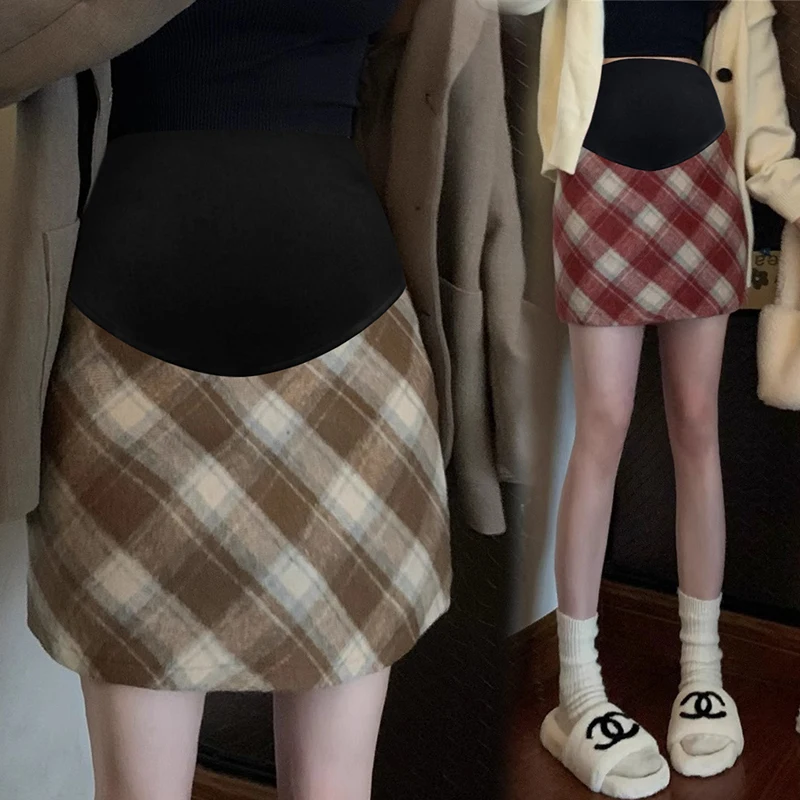 

Vintage Casual Check Woolen Skirts for Maternity Elastic Waist Belly Mini Hot A Line Bottoms for Pregnant Women Pregnancy Plaid