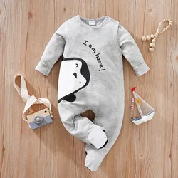 0-36M Spring and Autumn Newborn Long sleeved Bodysuit Cute Animal Penguin Bodysuit Bag Foot Pure Cotton Baby Boys and Girls