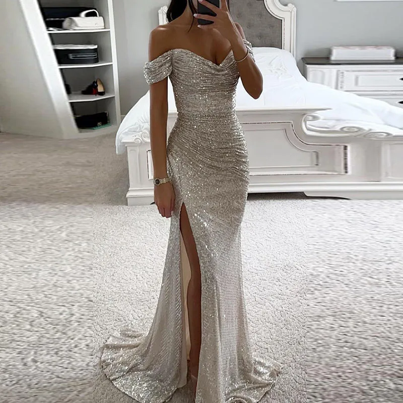 Women Slash Neck High Split Gown Evening Dress Sequins Sharkly Slim Hips Long Dress Spring Summer Off Shoulder Hollow Maxi Dress