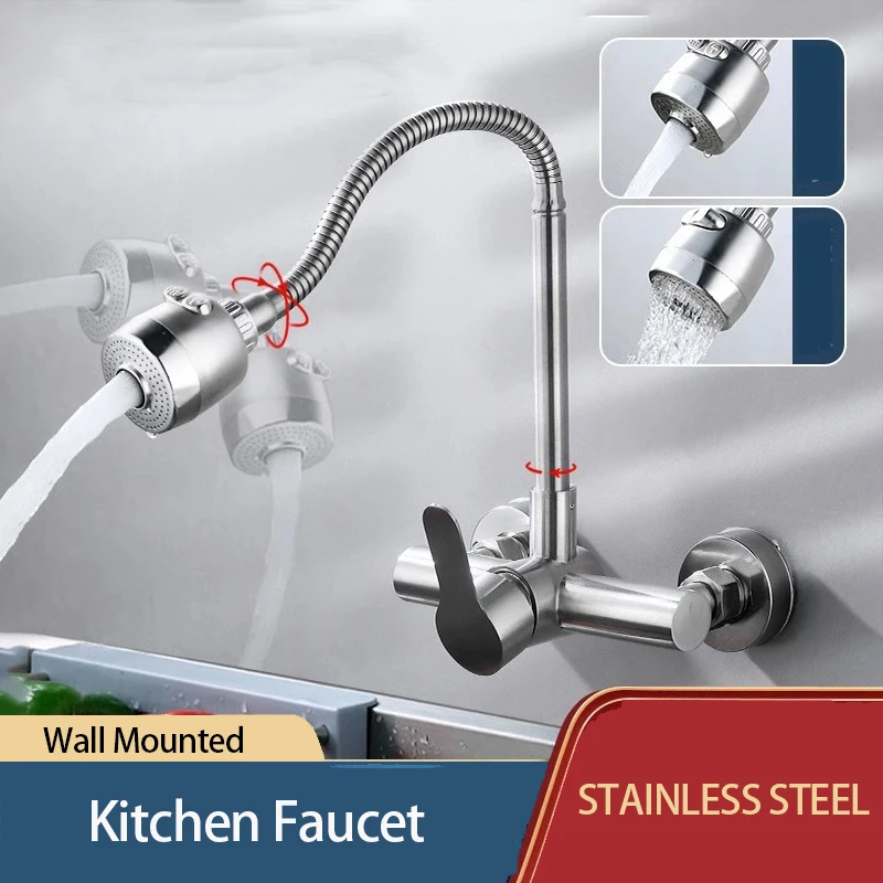 Wall Mounted Stream Sprayer Kitchen Faucet Single Handle Dual Holes SUS304 Stainless Steel Flexible Hose Water Saving Mixer Taps