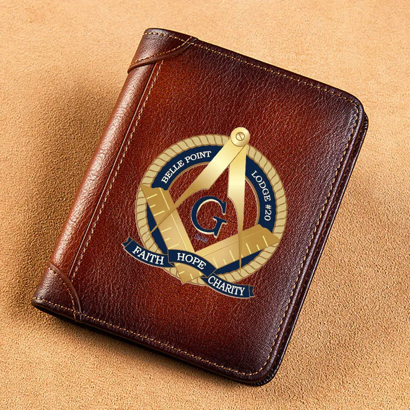 

High Quality Genuine Leather Wallet Masonic Belle Point Lodge Faith Hope Charity Printing Standard Short Purse BK3697