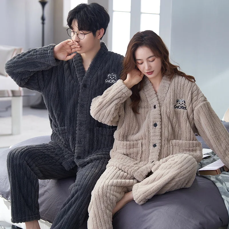 Autumn Winter Thicked Thermal Velvet Pajamas Set for Couple Kawaii Kimono Style Lovers Sleepwear Man Woman Plaid Flannel Pijamas