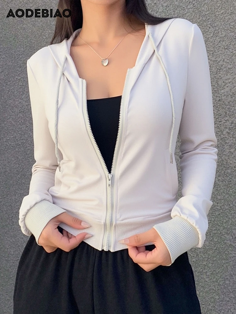 AODEBIAO Women Hooded Hoodie Autumn Winter Long Sleeves Fashion Cardigan Solid Coat Top Casual Streetwear Drawstring New Hoodie