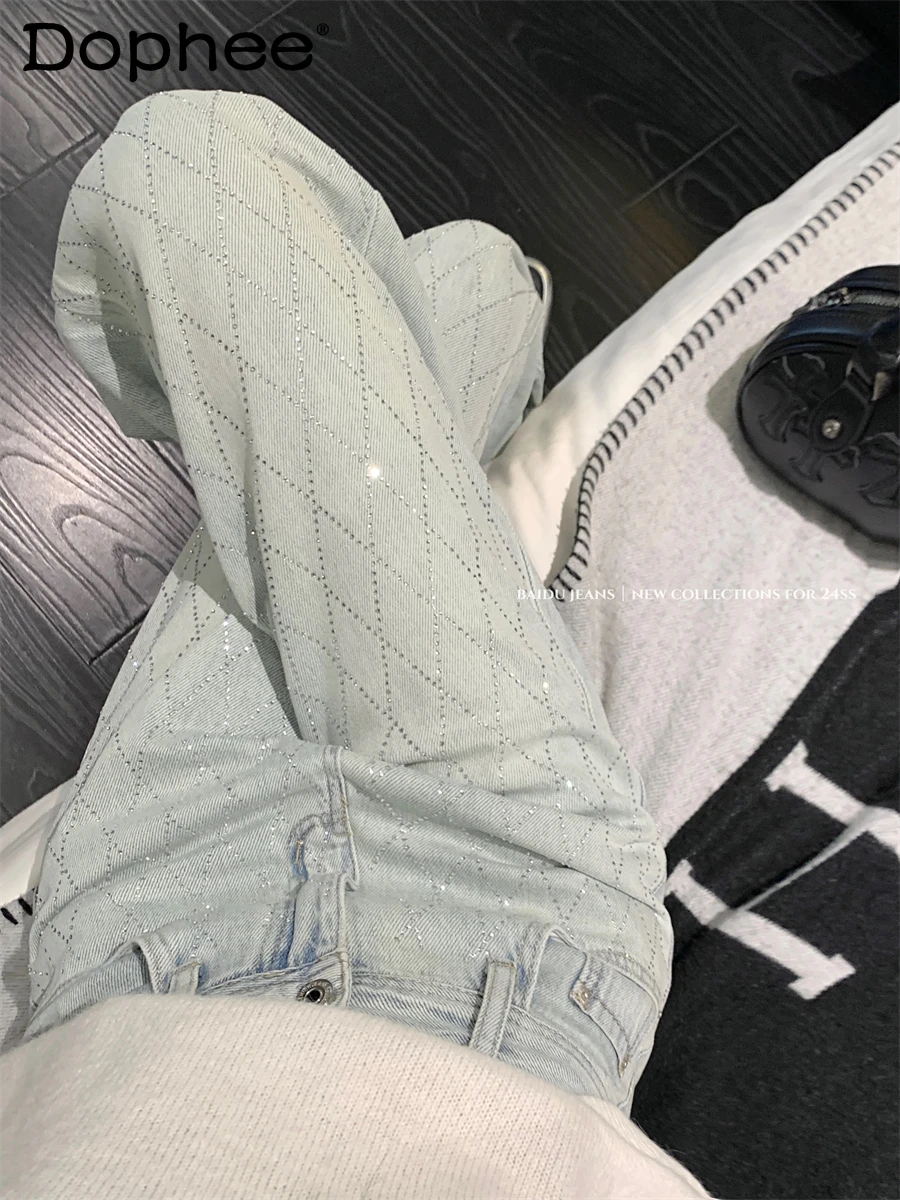 

Fashion Rhombic Rhinestone Wide-Leg Jeans for Women 2024 Summer High Waist Straight-Leg Pants Casual Light Color Mop Pants