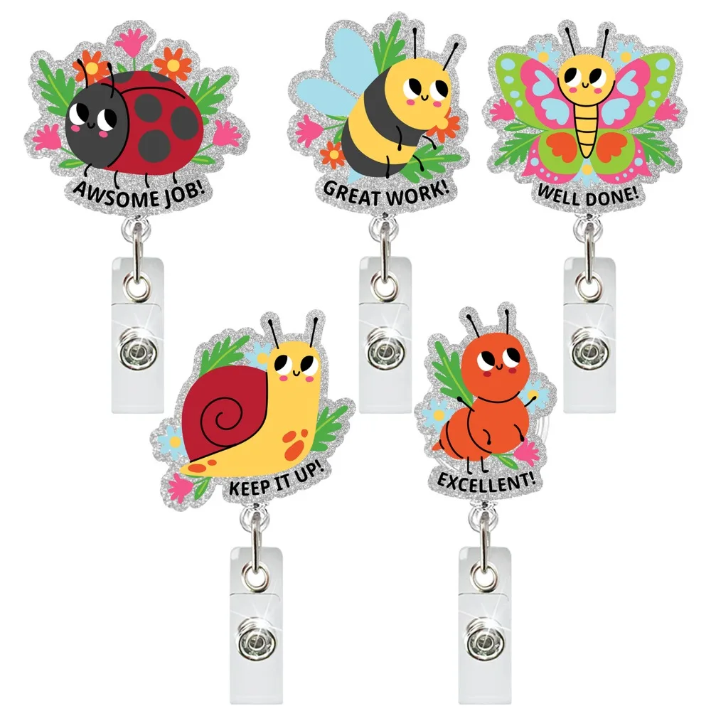 Insects Shape Cartoon Animals Badge Clip Motivational Slogan Fall-proof Stretchable ID Badge Reel ID Strap Chest Card