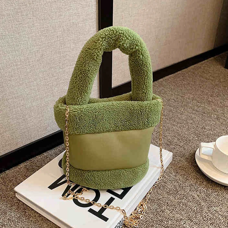 Fashion Women\'s Lamb Wool Handbag Autumn Winter Versatile Chain Bucket Bags Vintage Plush Splicing Single Shoulder Crossbody Bag