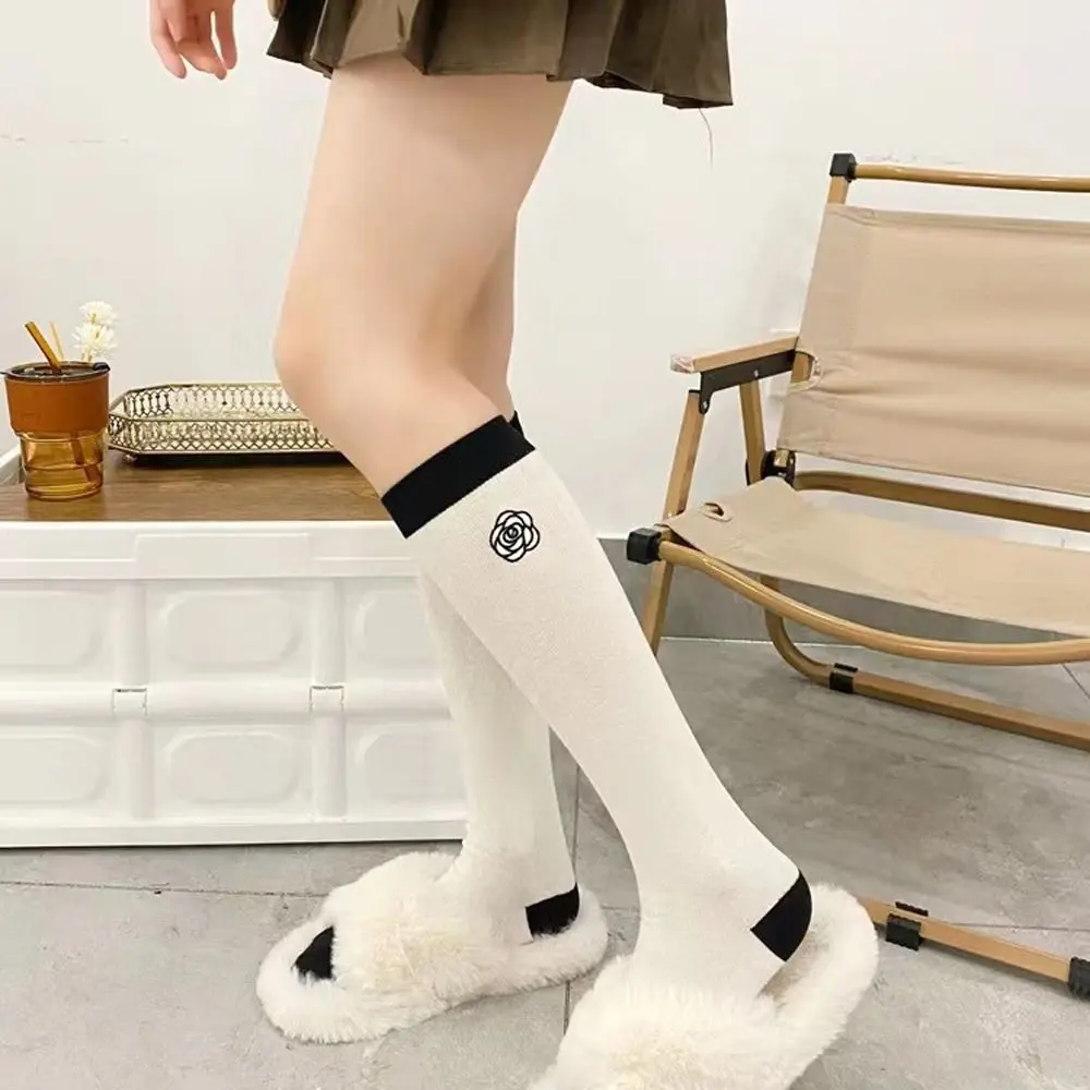 Sweet Embroidery Camellia Knee High Socks Breathable Cotton Golf Sport Socks Fashion Women Girls Skirt Matching Calf Socks