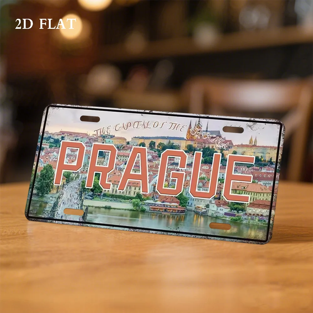 Panneau en métal aluminium HD, décoration murale style plaque d'immatriculation vintage Prague République tchèque, vue sur la ville du Pont Charles et du fleuve Vltava