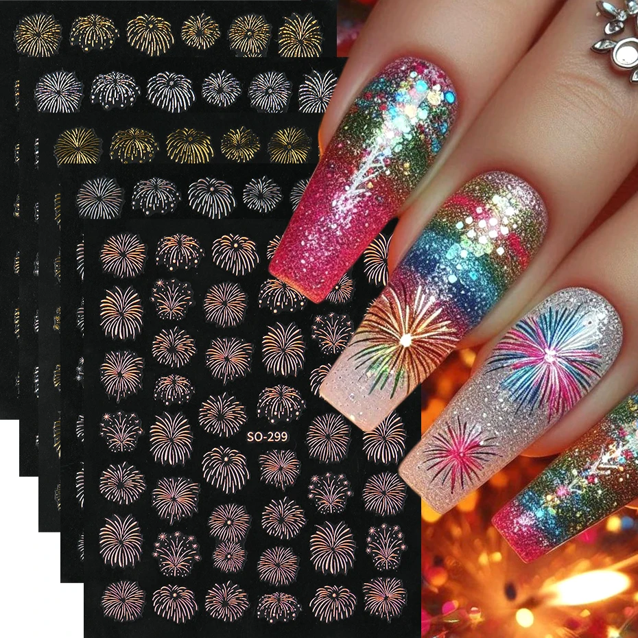 Autocollants holographiques pour Nail Art, feux d'artifice en fleurs, or, argent, rose, paillettes, décalcomanies japonaises, décoration de manucure, 5 pièces