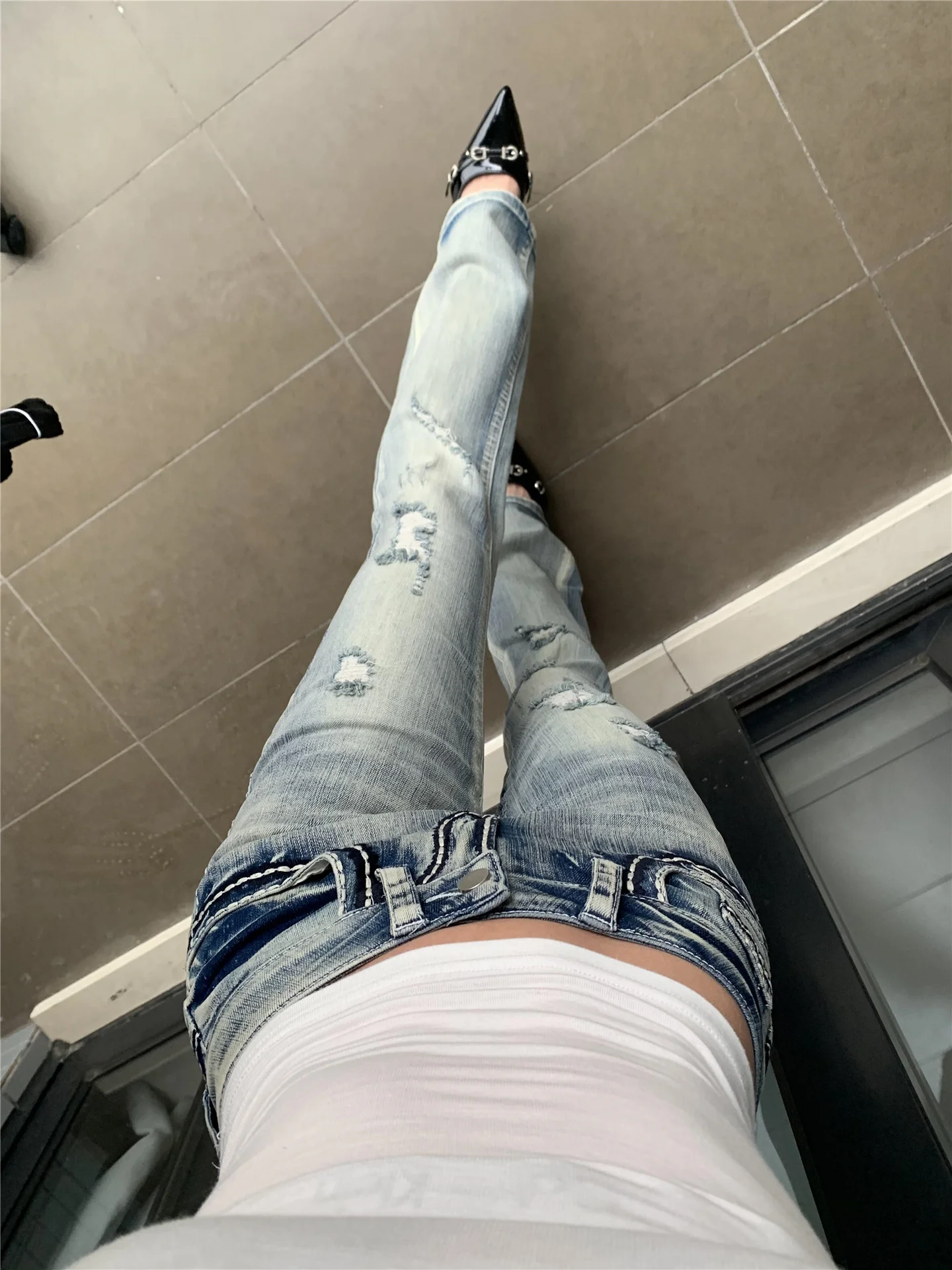 Retro American Low Waist Bell Bottom Jeans Women's Spring Summer Slimming Tight Cotton Denim Pants with Hole Casual Jeans