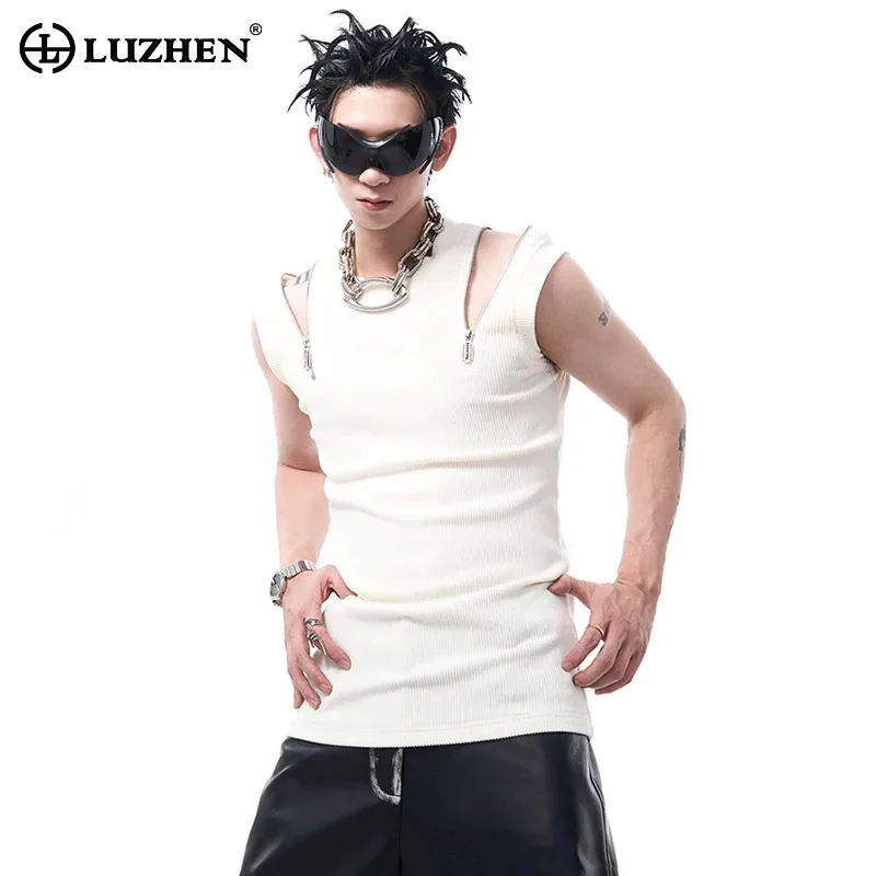 LUZHEN Shoulder Double Metal Zipper Tank Top Men Sport Gym Multifunctional Slim Trendy Vest Sleeveless Plain American LZ6512