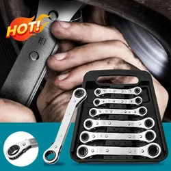 Offset Wrench Set Metric 6PCs Ratcheting Box Wrenches 6-19mm with Storage Organizer Box, Christmas Gift for Man