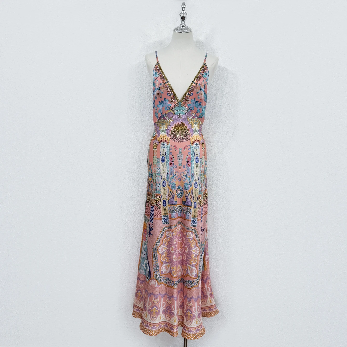 Summer Fashion Party Elegant Vintage Print Elegant Silk Floor-Length Dress Women's Spaghetti Strap V-Neck High Waist Slim Dress