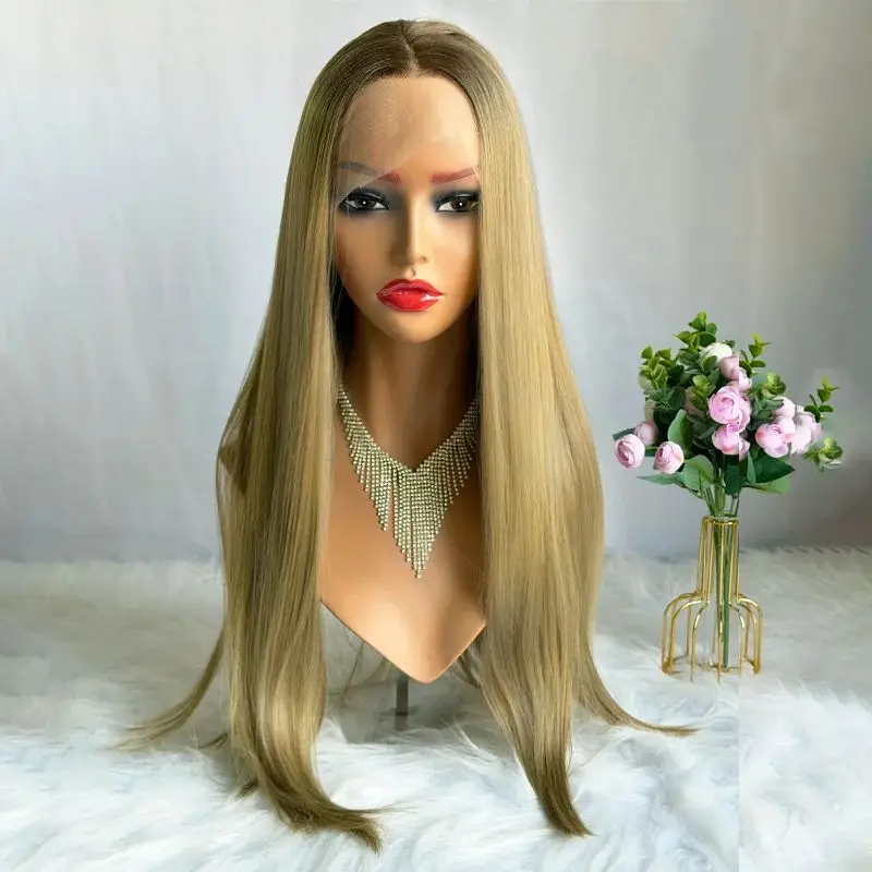 

Карамельно-коричневый парик с корнями теней, синтетический кружевной верх, натуральный прямой, мягкий, длинный, женский парик, свободная часть, полные парики высокой плотности