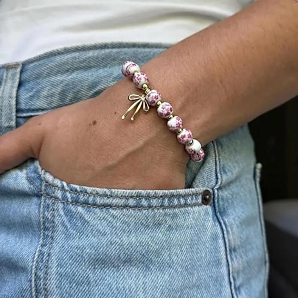 Elastic Blue and White Porcelain Bracelet Metal Beads Ceramics Beads Bracelets Jewelry Antiquities New Chinese Style Bracelet