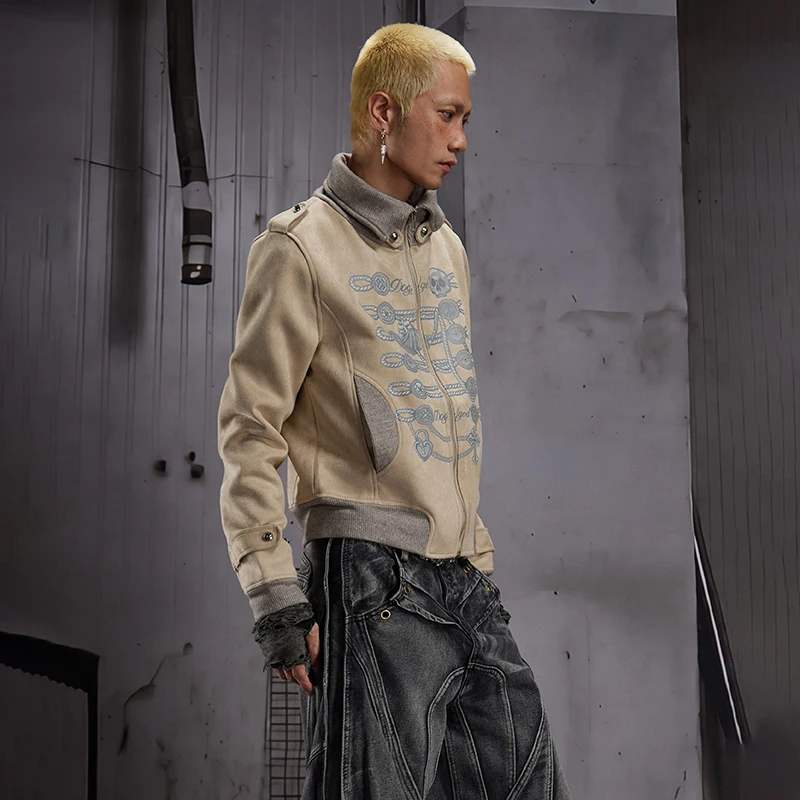 LUZHEN 2026 New Trendy Printed Line Pattern Short Casual Jacket Men's Handsome High Quality Stand Neck Women Coat Clothes JY9097