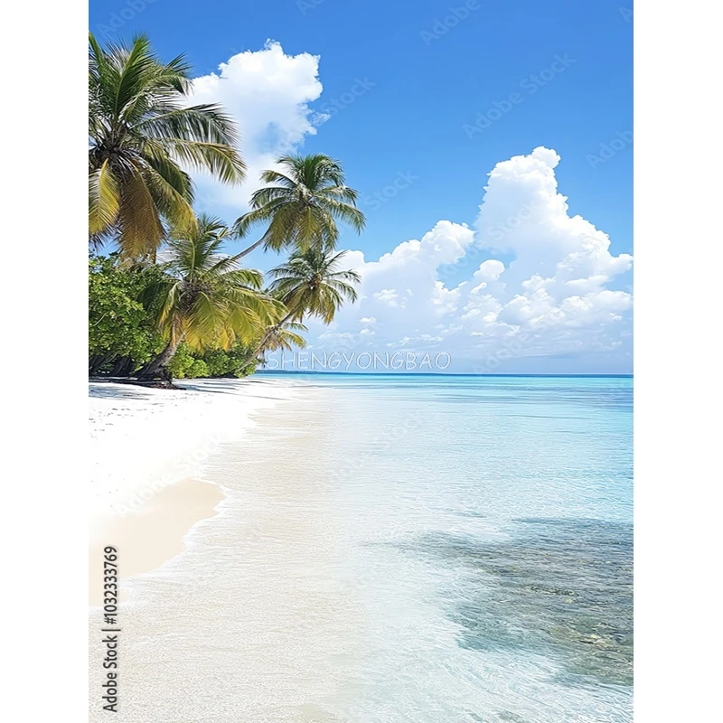 

Beautiful Paradise Island Coconut Palm Tree Sunrise Backdrops Maldives Tropical Beach Sea Blue Sky Summer Background AB-10