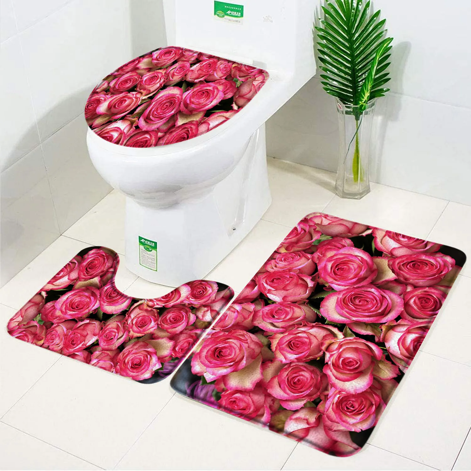 Rose Flower Bath Mat Set Red Fresh Florals Fields and Garden Plant Non-slip Toilet Lid Foot Rug Floor Mat Bathroom Accessory Set