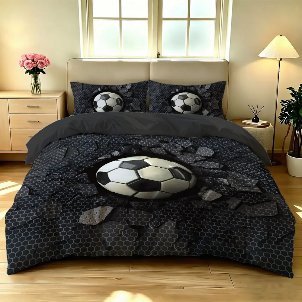 Cool Football Cracked Wall Duvet Cover Set 3 Piece, Soccer Bedding Set Single Double Queen King, Cozy Soft Bed Home