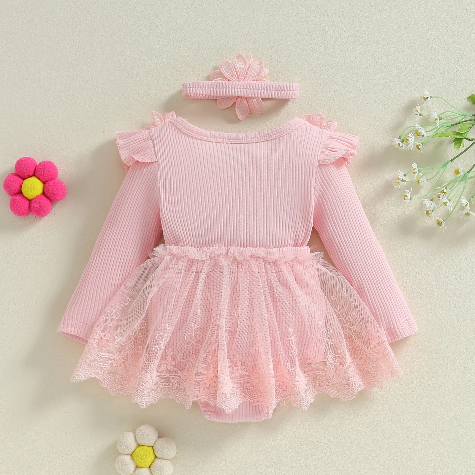 Baby Girls Flower Bow Long Sleeve Mesh Romper Headband Adorable Ribbed Bodysuits