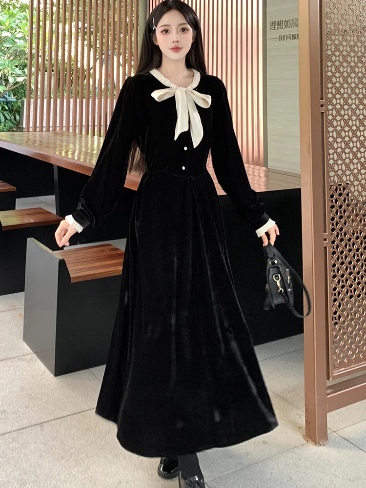 2024 Black Velvet Long Sleeve Chic Bow Collar Long Dress Korean Vintage Hepburn Women\'s Dress Gown Autumn Winter Elegant Dresses