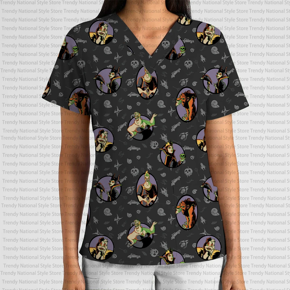 Uniforme da lavoro da donna All-match Alta qualità Halloween Sleeping Devil Stampa Scollo a V Tasca Scrub Top T-shirt per negozio di animali dentali