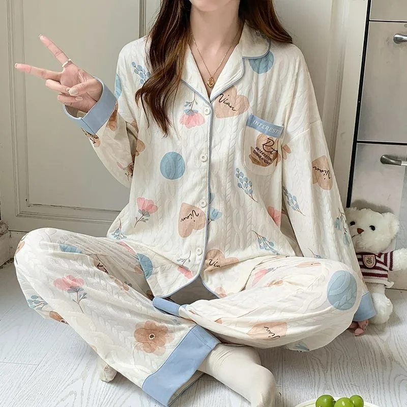 

2024 New Women Pajamas Autumn Winter Pure Cotton Long-Sleeved Loose Sweet Homewear Two-Piece Female Casual Nightclothes Suit