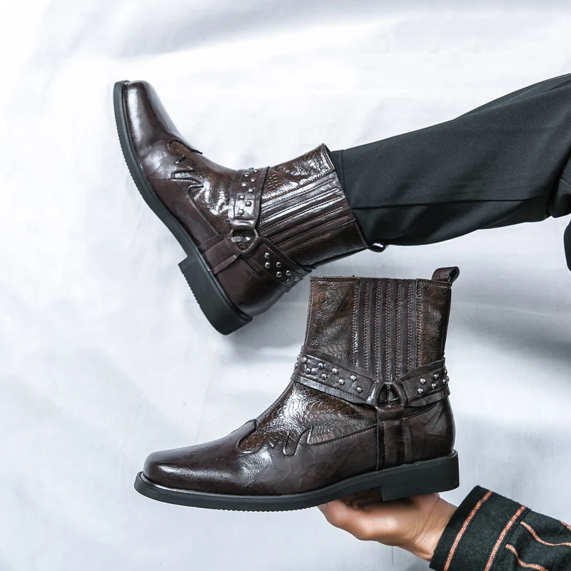 Men High Top Boots with Square Toe Business Burn Flower Retro Fashion Low Heel Comfortable Outdoor Knight Boots